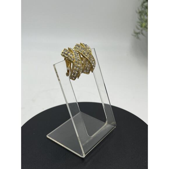 Vintage Estate Rhinestone Encrusted Pave Gold Tone X Shaped Clip On Earrings - Picture 7 of 10